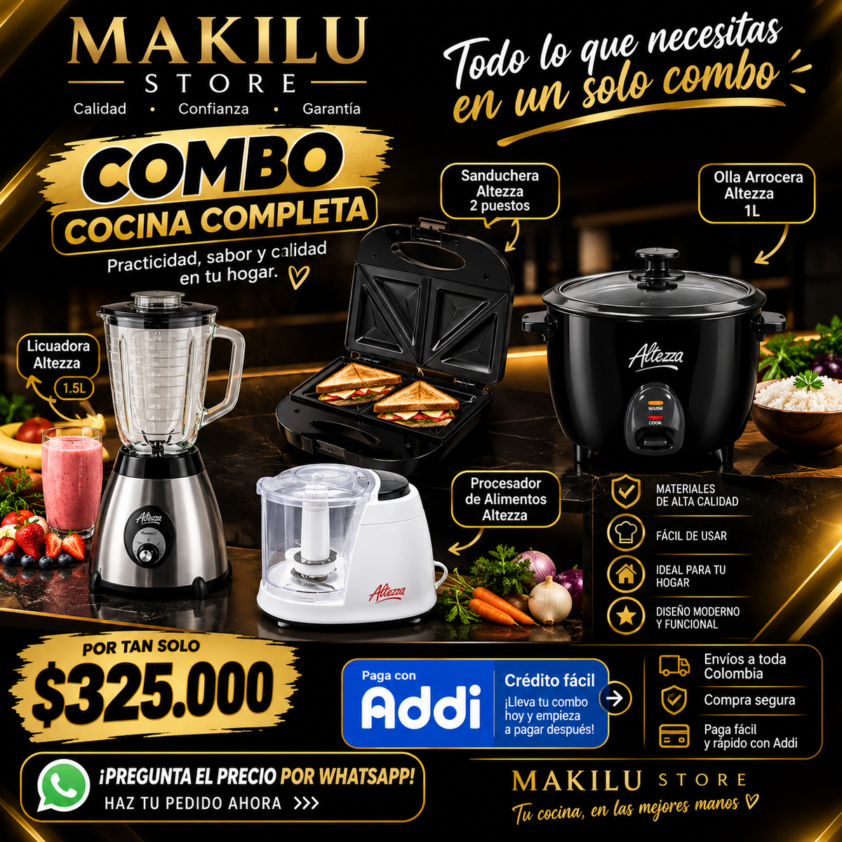 Combo Cocina Completa Altezza 4 en 1 – Licuadora, Sanduchera, Olla Arrocera y Procesador