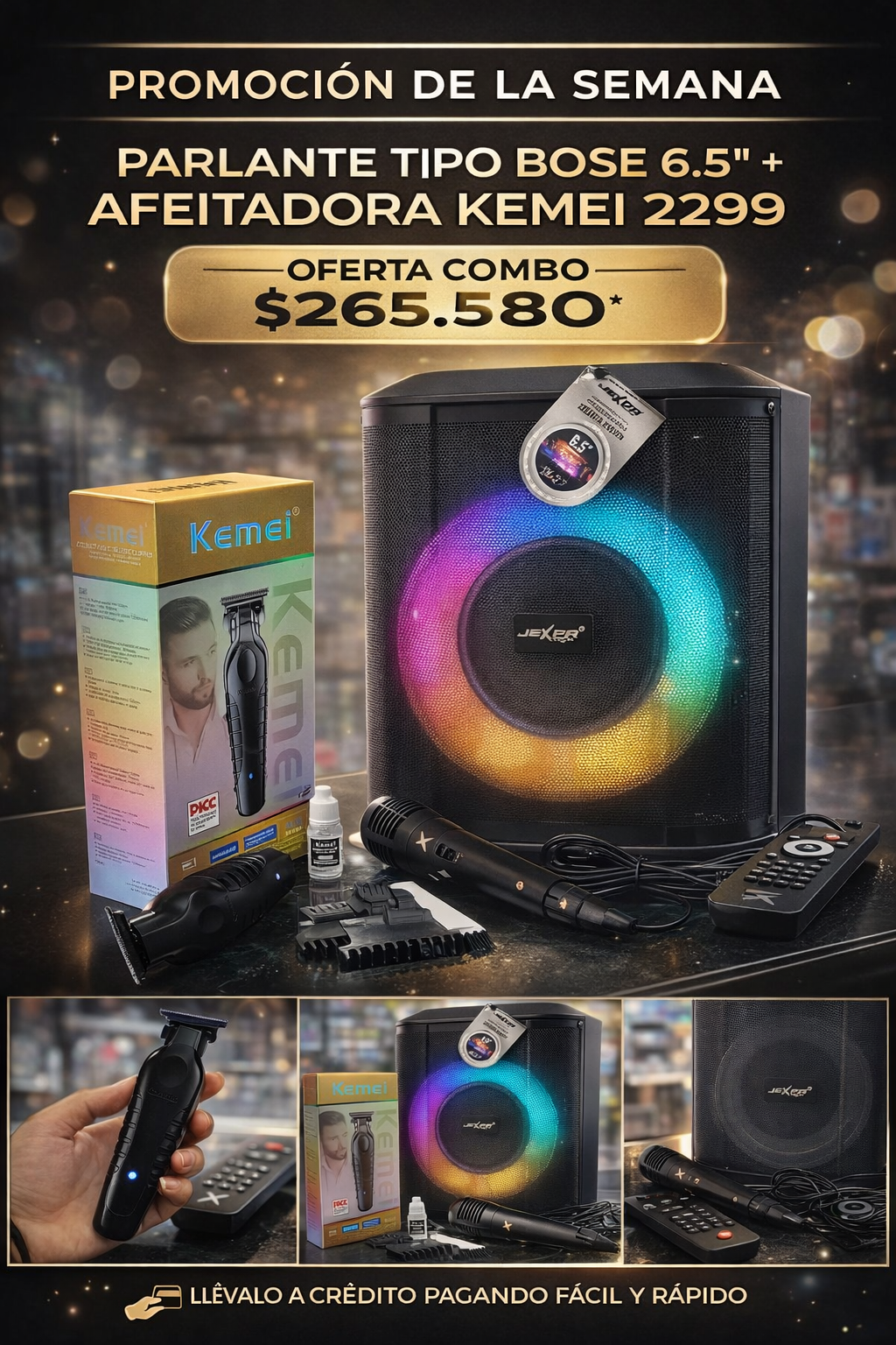 🔥 Combo Promoción de la Semana: Parlante 6.5” Tipo Bose + Afeitadora Profesional Kemei 2299