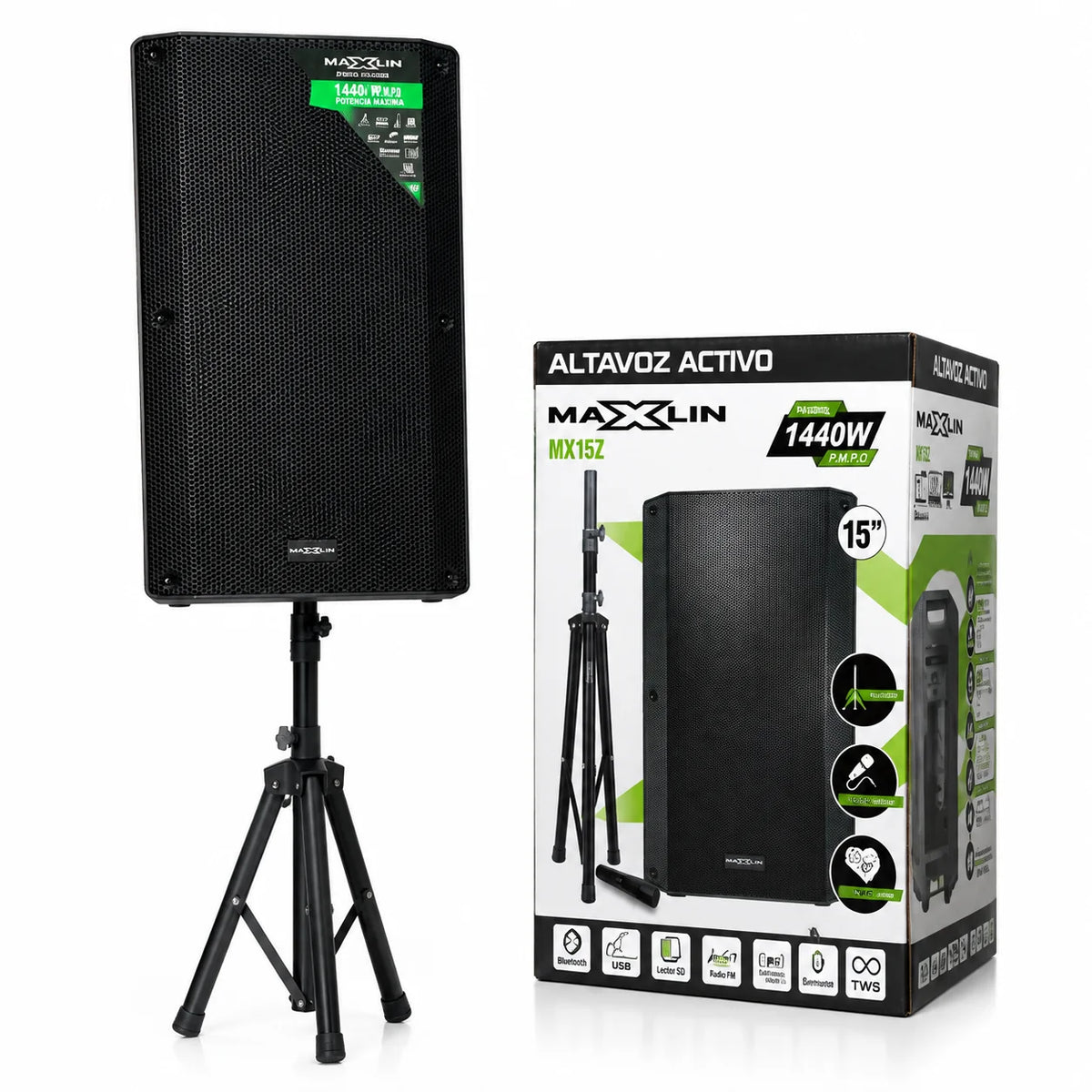 Cabina Maxlin De 15 Pulgadas 1440 W Con Trípode, Micrófono Y Control
