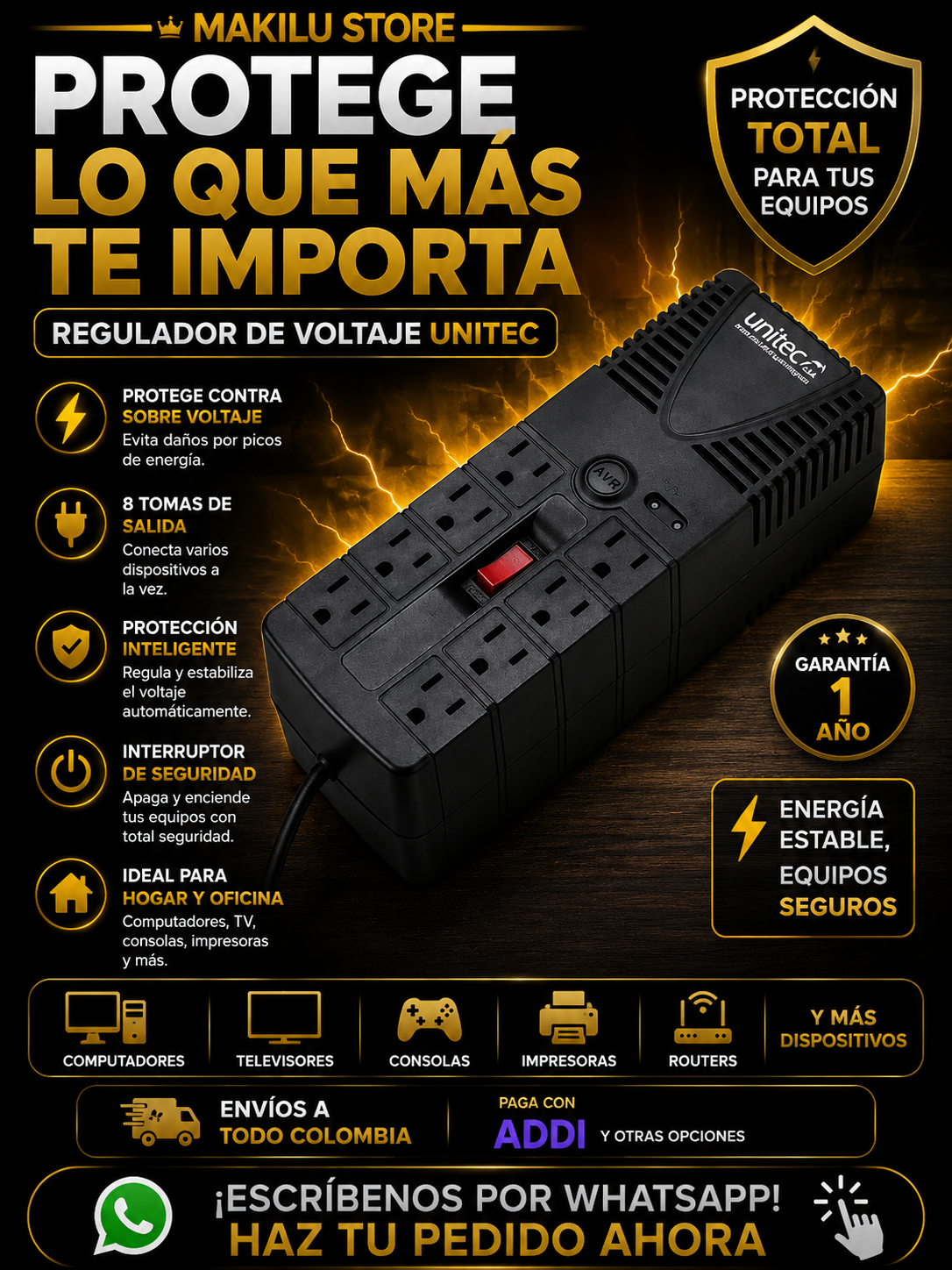 Regulador Unitec 8 Puestos - 1200 4 Tomas Directos 4 Regulados